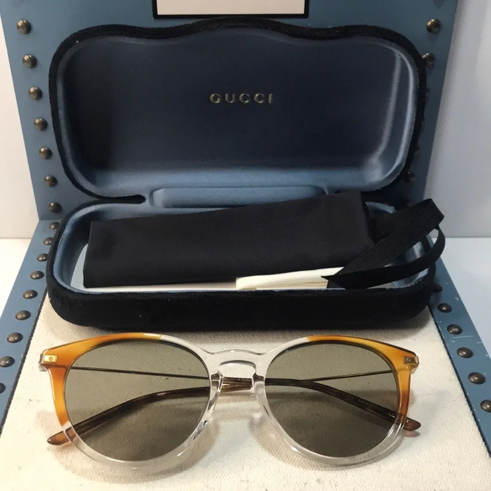 New Authentic Gucci GG1048S 004 Brown and Clear Men's Sunglasses